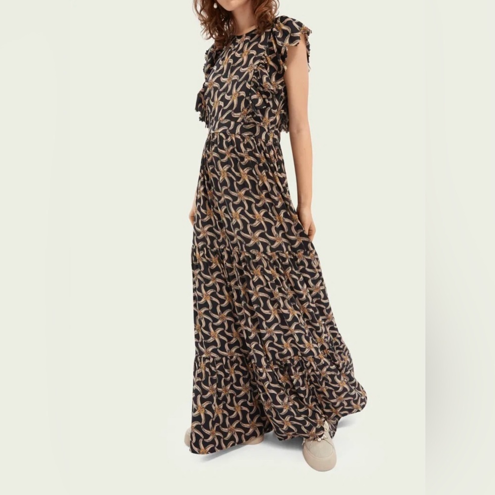 Scotch & Soda Black Maxi Dress with Tan and Cream Pattern
